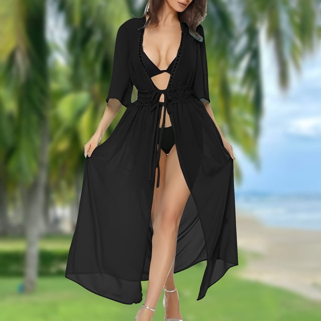 Traje de baño de verano para mujer, con encaje y retazos, tipo cárdigan largo