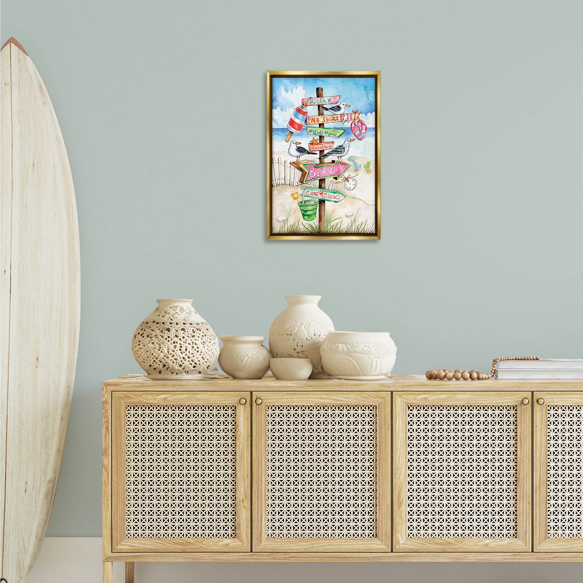 Stupell Industries Seaside Rules Signs Nautical & Beach Painting Gold Floater Framed Canvas Art Print Wall Art, 17 x 25
