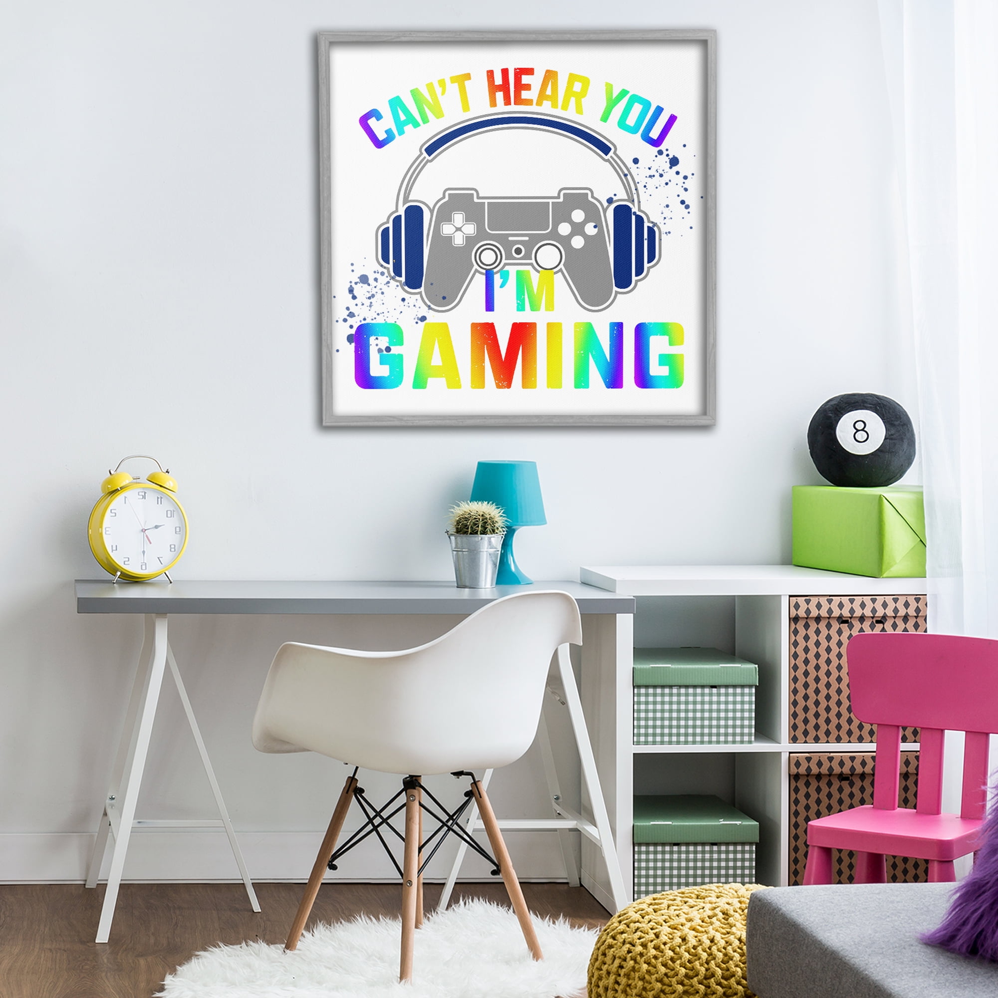 Rainbow Can't Hear You Gaming Gray Framed Giclee Art, design by Kim Allen