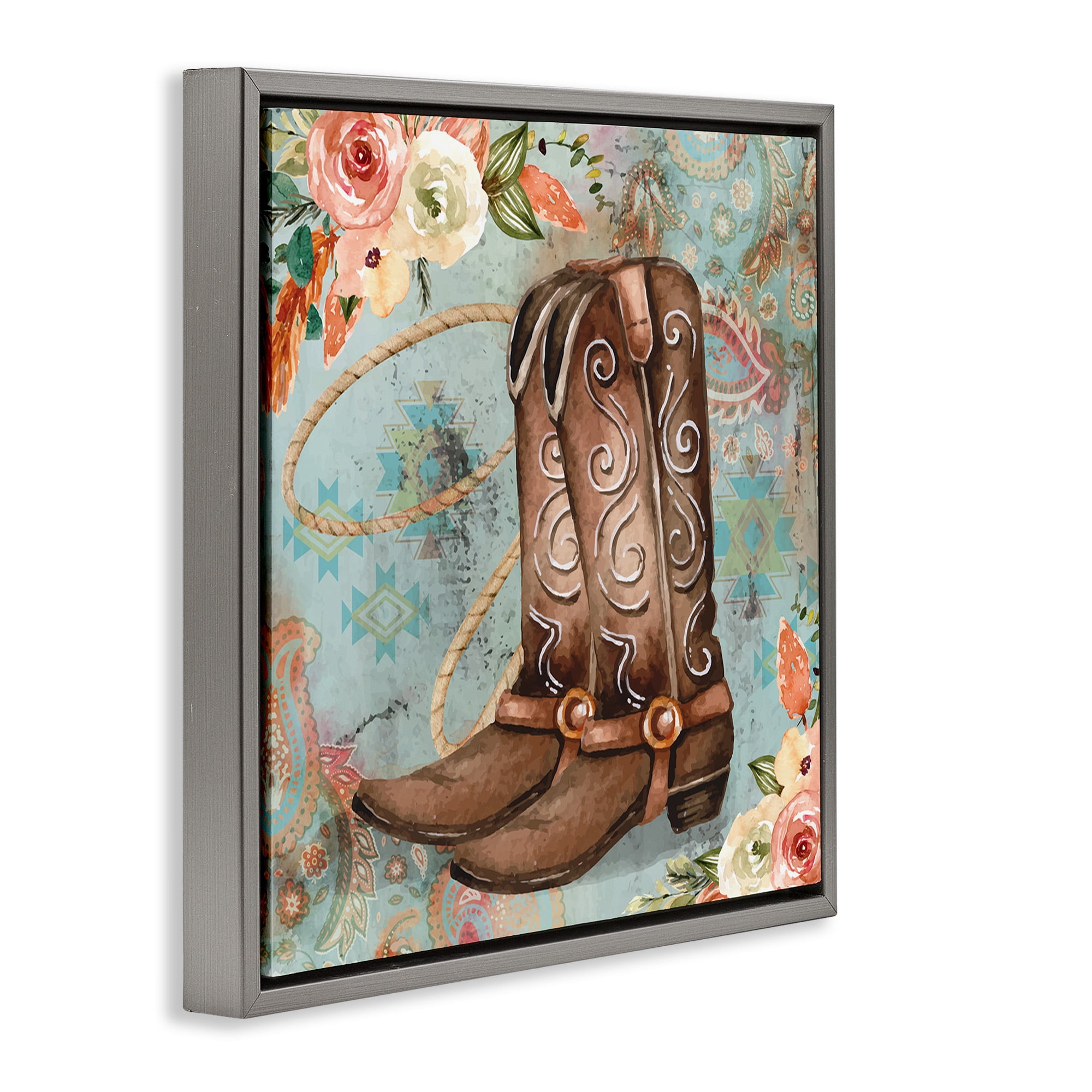 Stupell Industries Cowboy Boots Western Paisley Florals Botanical & Floral Painting Gray Floater Framed Canvas Art Print Wall Art, 18 x 18