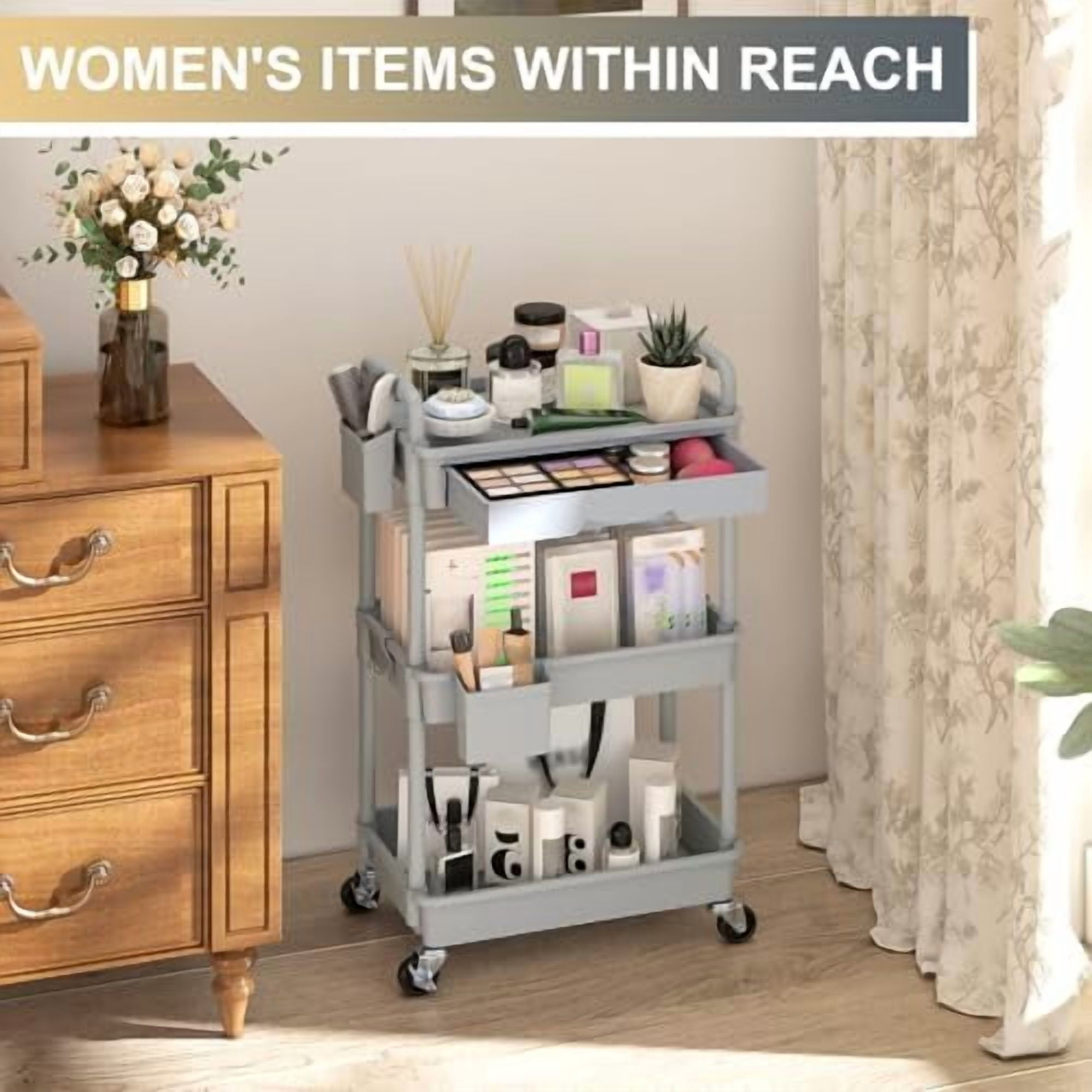 3 Tier Rolling Utility Cart Organizer with Removable Drawer, Stable and Sturdy Grey Rolling Storage Carts with 2 Lockable Wheels for Bathroom, Kitchen, Snack, Craft, Makeup, Baby Essentials
