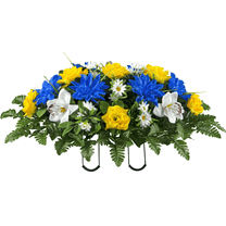Sympathy Silks Artificial Cemetery Flowers - Blue and Yellow Orchid Mix - Saddle for Headstone