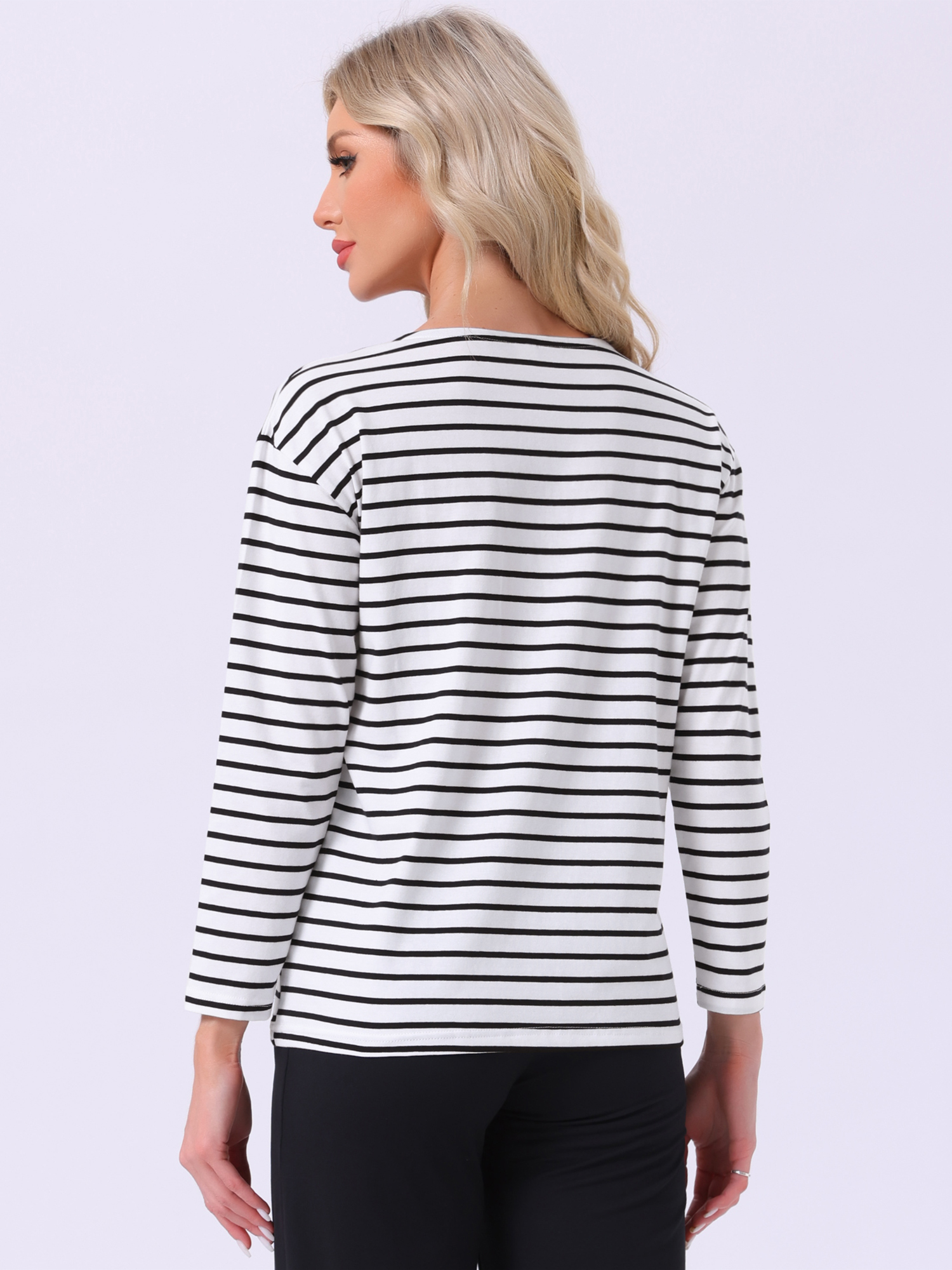 DARING DIVA Pajama Striped Cotton Long Sleeve Crew Neck Sleep Shirts S White Striped
