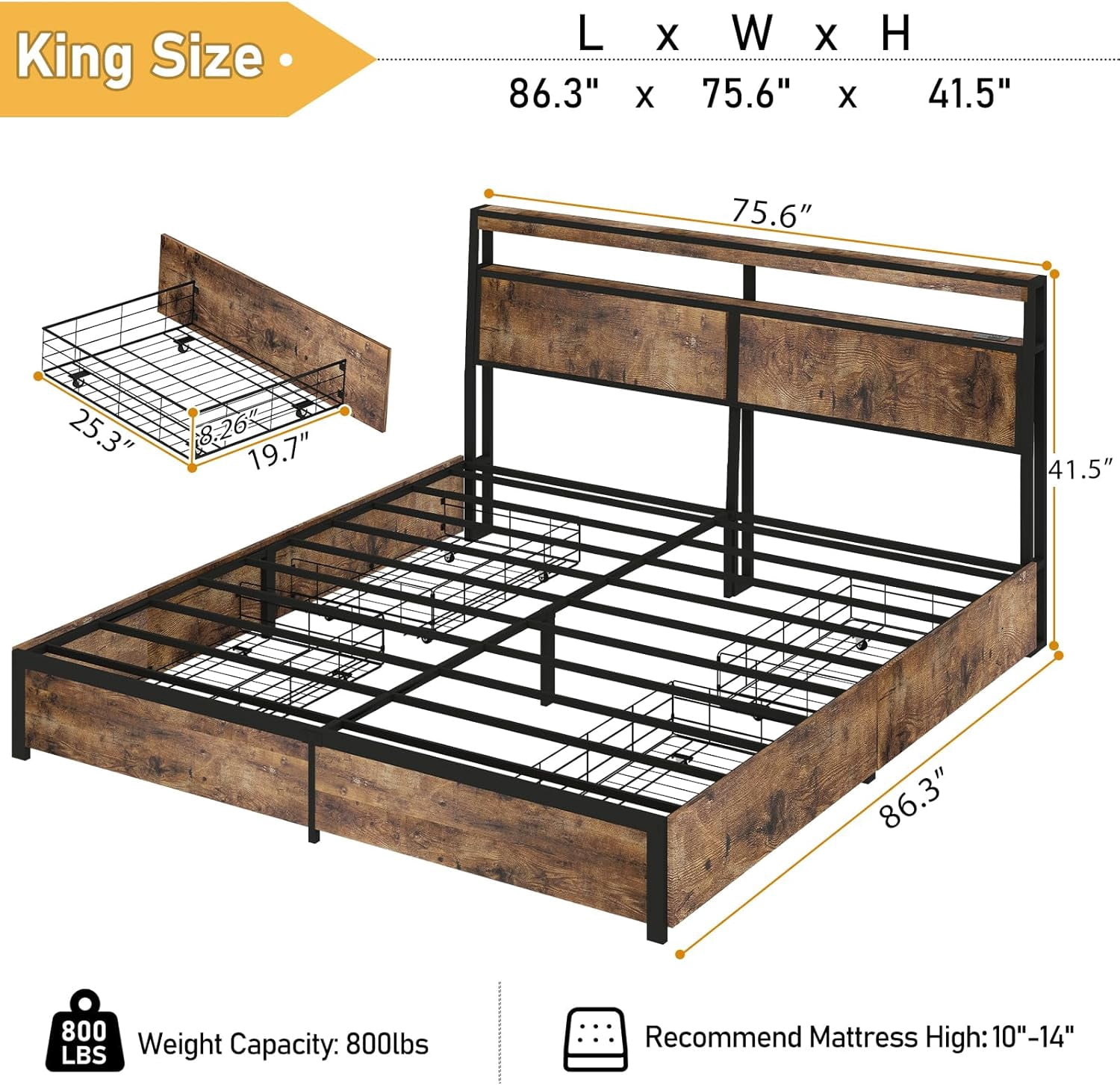 DRNANLIT King Size Bed Frame with 4 Drawers Storage, LED Bed Platform with Headboard, Charging Station, No Box Spring Needed, Vintage Brown