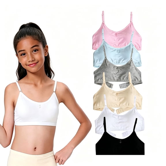 30A-32A-34A Lightweight Training Bras for Preteen Girls 10-16 6 Pack Seamless Non-Wired Crop Bras for Daily School Activities