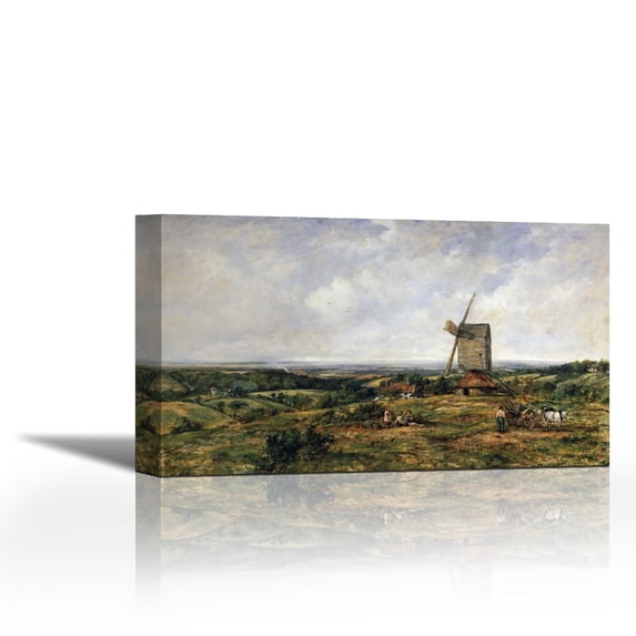 An Extensive Landscape With Figures By a Windmill - Contemporary Fine Art Giclee on Canvas Gallery Wrap - wall décor - Art painting - 27 x 16 Inch - Ready to Hang