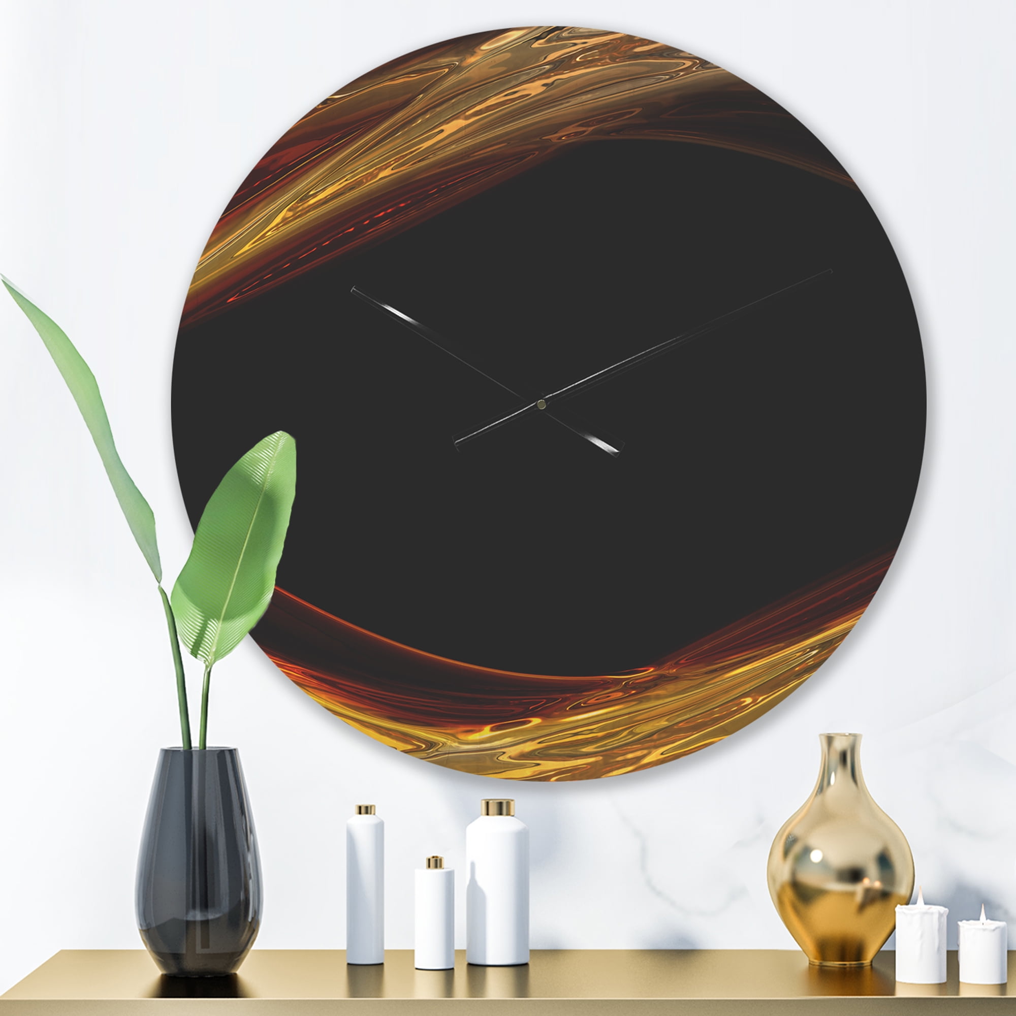 Designart 'Red Golden Waves in Black ' Modern Wood Wall Clock