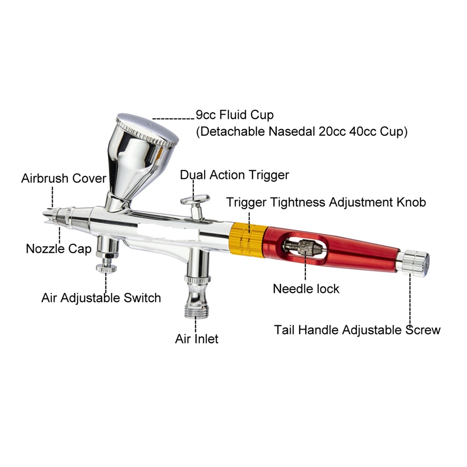 Airbrush Dual-action Spray Gun 9cc Airbrush Paint Nail Makeup Paint Tattoo Art DIY Tool 0.2mm/0.3mm/0.5mm ,Adjustable Nozzles