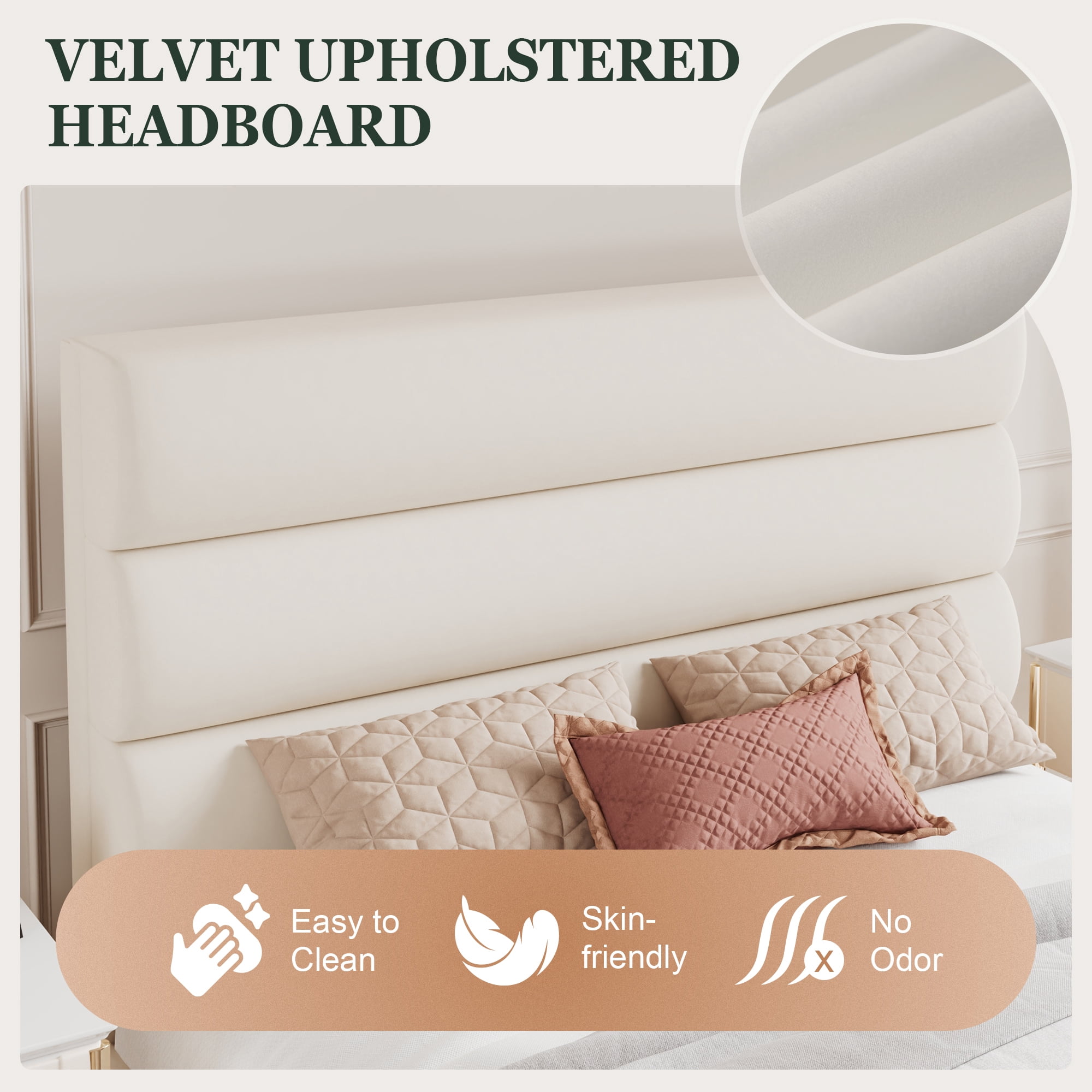Amolife King Bed Frame, Platform Bed Frame with Velvet Upholstered Slat Headboard, Cream