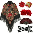 thumbnail image 3 of Sunm Boutique 7 Pcs Traditional Mexican Tassel Shawl, Day of the Dead Costumes for Women, Halloween Costume with Flower Hair Clips, Folding Fan, Skeleton Gloves, Temporary Face Tattoos, 3 of 9