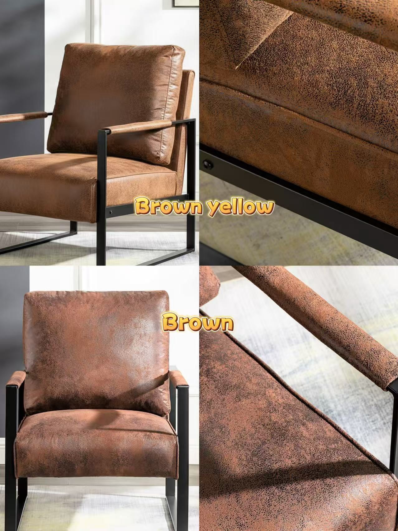 Mintazer Modern Microfiber Accent Chair, Square Metal Frame Lounge Armchair for Living Room Bedroom Office, Yellow Brown