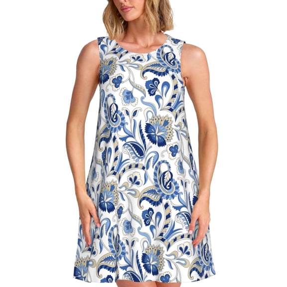 Logiee Blue Paisley Print Summer Dresses for Women,Beach Sleeveless Flowy Pocket Tshirt Tank Sundresses,Women's Sleeveless Dress