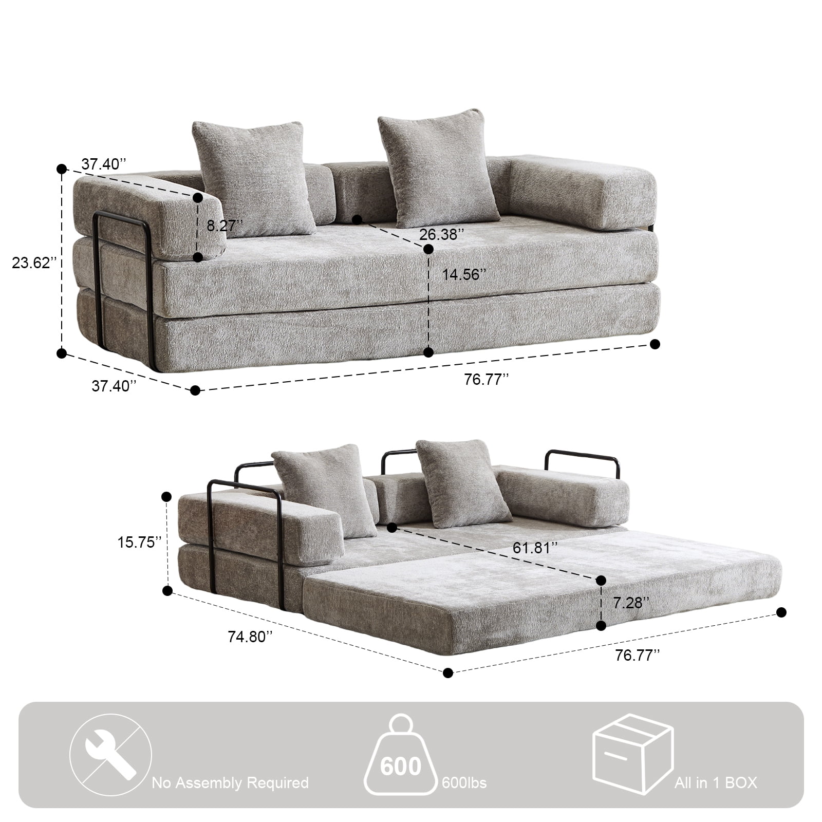 Miniyam 4 in 1 Convertible Floor Sofa Bed, Chenille Floor Couch with Armrest, Pillow for Living Room, Light Gray