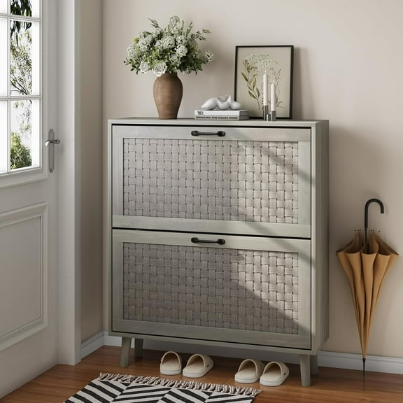 Shoe Cabinet with 2 Flip Handmade Woven Drawers, Rattan Shoe Organizer Cabinet, Slim Shoes Cabinet Storage for Entryway, Hidden Shoe Rack Cabinet, Rustic Oak