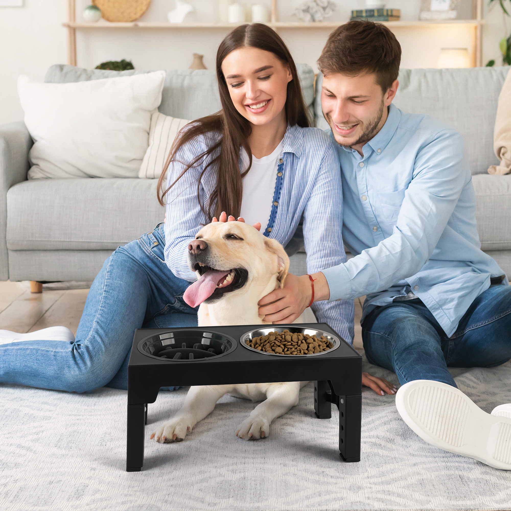 Raised Dog Bowls with 5 Adjustable Heights, Elevated Stainless Steel Cat Bowls & Slow Feeder Bowl, Pet Feeding Station for Small Medium & Large Dogs &Cats