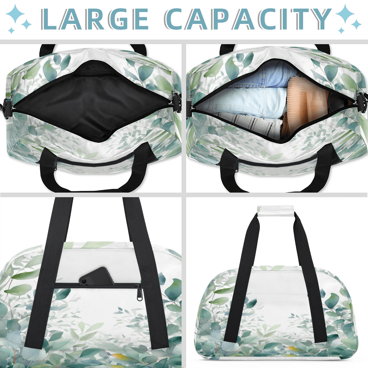 Herdesigns Eucalyptus Leaf Sports Duffle Bag for Women & Men, Sage Green Plants Gym Bag Dance Bag Overnight Bag Carry On Weekender Travel Bag