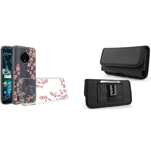Case and Pouch Bundle for Nokia C200: Slim Series TPU Protector Case (Winter Jasmine Blossom) and Horizontal Rugged Nylon Belt Holster