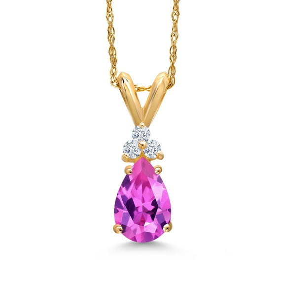 Gem Stone King 14K Yellow Gold Pink Created Sapphire and White Zirconia Pendant Necklace for Women | 1.09 Cttw | Gemstone September Birthstone | Pear Shape 8X5MM | With 18 inch Chain