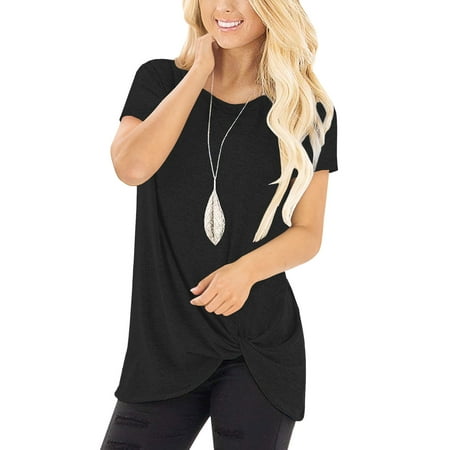 Twisted Knot Top - Top Knobs O-Neck Casual Solid T-Shirt Short Sleeve Knot Twist Front Tunic Tops for Women