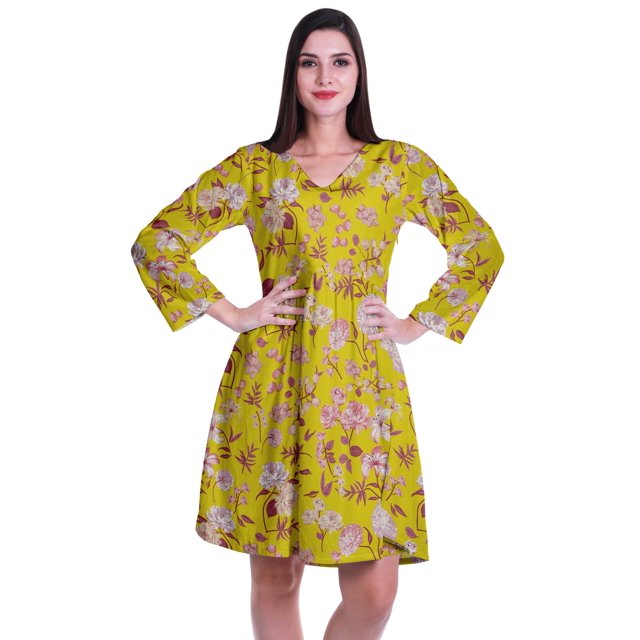 Moomaya Robe Courte Évasée Imprimée de Designer, Manches Longues, Tunique en Velours, Robes pour Femmes