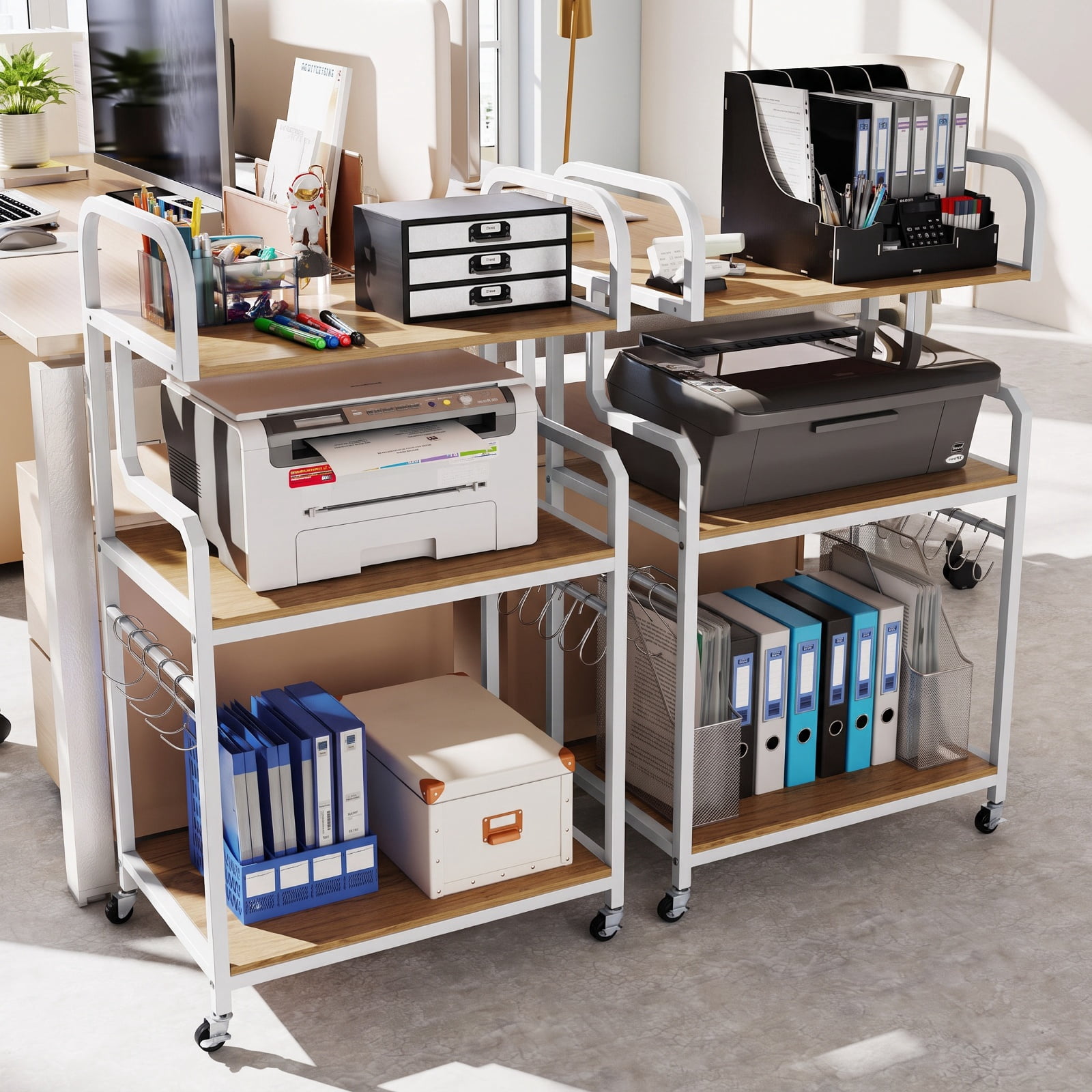 Furnibear 3-Tier Rolling Printer Stand Home Office Large Printer Cart with Storage Shelves for Home Office Printer Machine Under Desk Storage, Natural