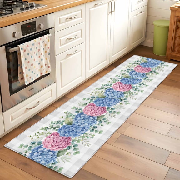 Runner Rug 2 x 6 Ft, Blue Pink Hydrangea Washable Non-Slip Floor Mat for Kitchen Hallway/Entryway, Eucalyptus Leaves Grey Plaid Long Kitchen Runner Area Rugs for Living Room, Low-Profile