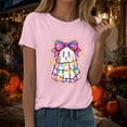 thumbnail image 6 of felwors Halloween women's shirt 2025 cute ghost cotton shirt autumn pumpkin T-shirt round neck pattern T-shirt casual short sleeved top Pink, XXXL, 6 of 8