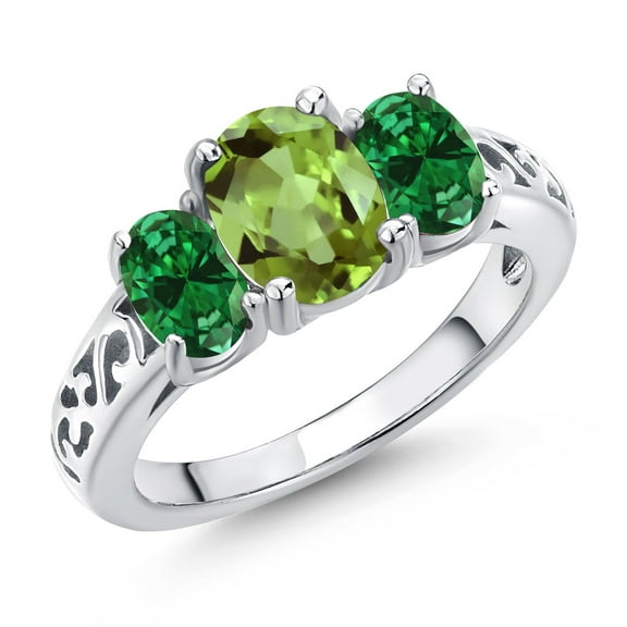 Gem Stone King 2.12 Cttw Green Peridot and Green Created Emerald Filigree Style 3 Stone Ring for Women | 925 Silver | Oval 8X6MM and 6X4MM | Wedding Engagement Anniversary Ring for Women | Size 9