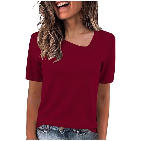 TEAJOPSUU Womens Summer Tops Short Sleeve Asymmetrical Neck T Shirts Casual Solid Color Pullover Blouses for Everyday Vacation Burgundy