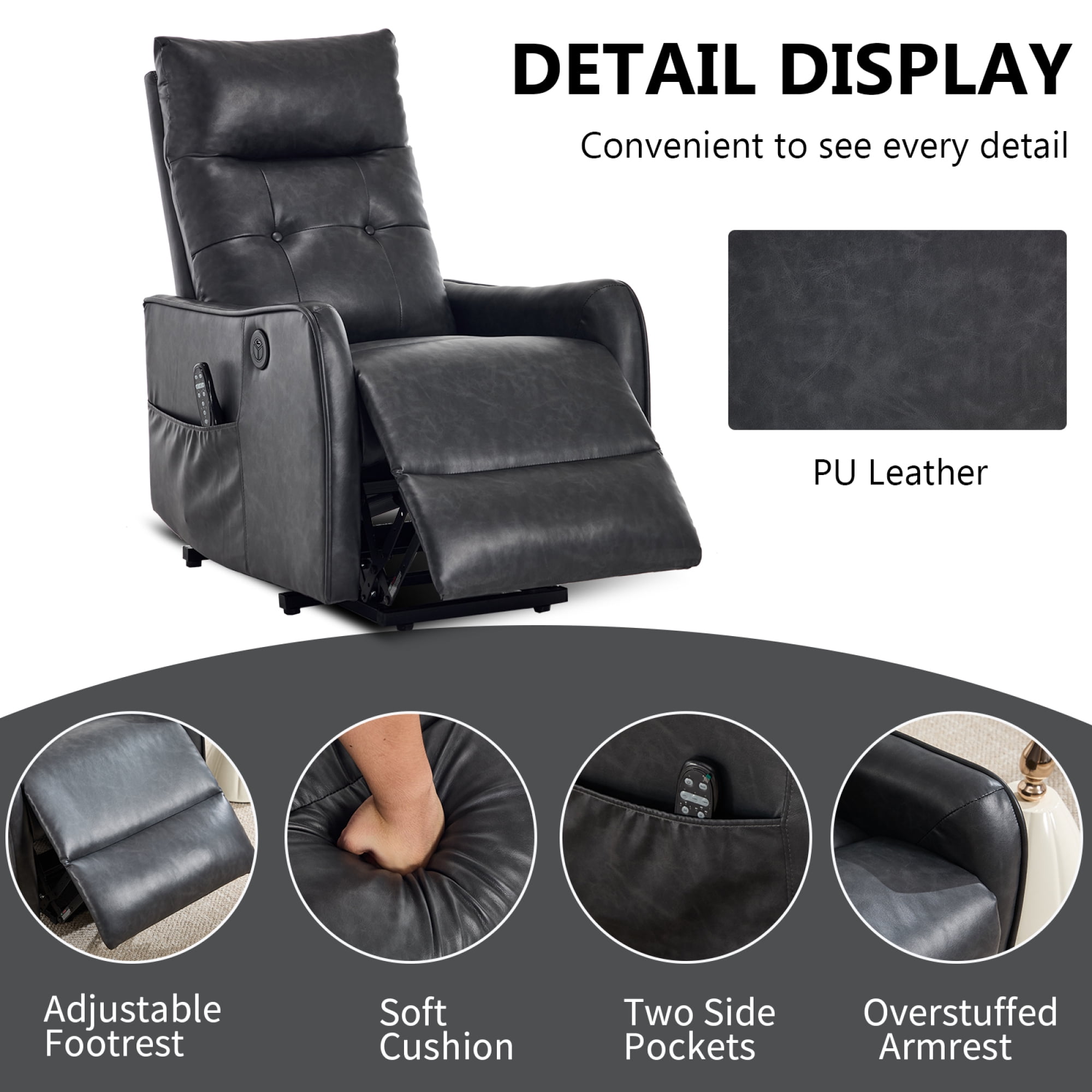 Leumius Power Lift Recliner Chair with Massage and Heat for Elderly,Heavy Duty Electric Reclining Chair with Side Pockets,USB Charge Port for Living Room,Grey-Faux Leather