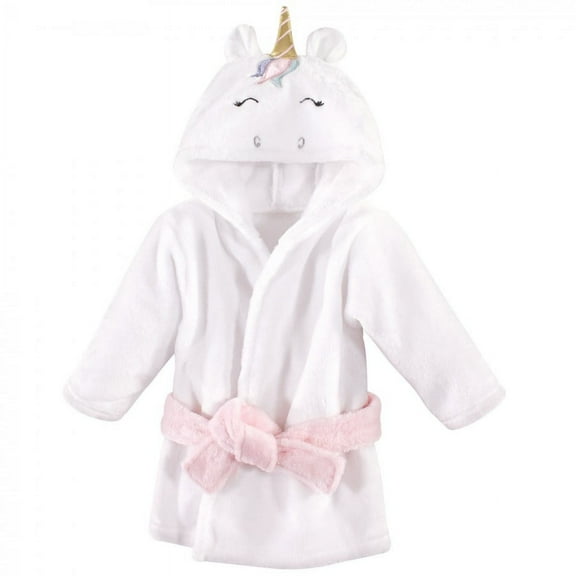 Hudson Baby Infant Girl Plush Animal Face Bathrobe, Multicolor Unicorn, 0-9 Months