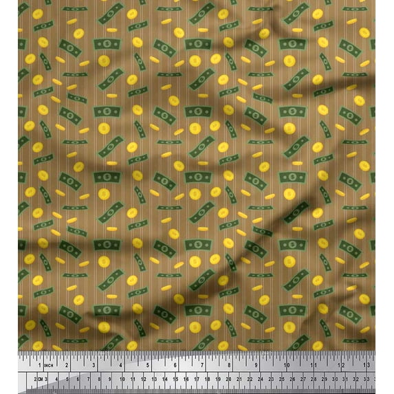 Soimoi Crepe Silk Fabric Stripe & Dollar Currency Symbol Printed Craft Fabric by The Yard 42 Inch Wide