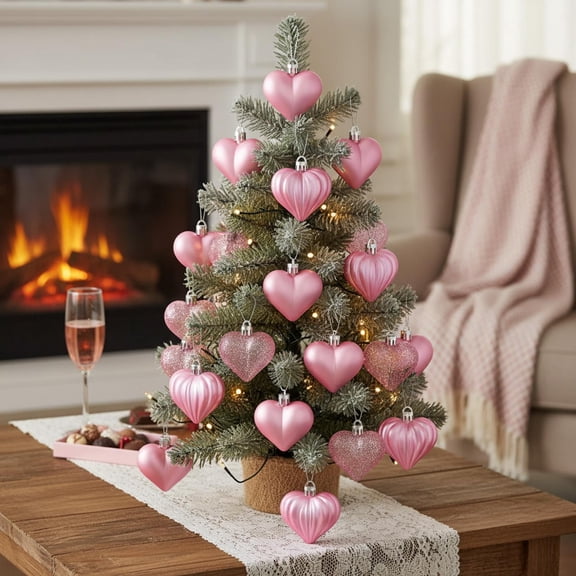 12PCS Valentines Day Heart Ornaments, Pink Heart Shaped Ornaments, Heart Hanging Ornaments, Glossy Heart Baubles Hanging Decorations for Valentine's Day Wedding Anniversary Home Party Decor