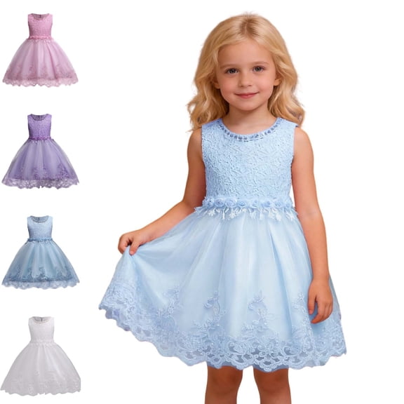 Bmisegm Dresses for Girls Carnival Sleeveless Round Neck Textured Bodice 3D Flower Waist Embellished Hem A Line Party Dress Girls Dresses 6-7 Years