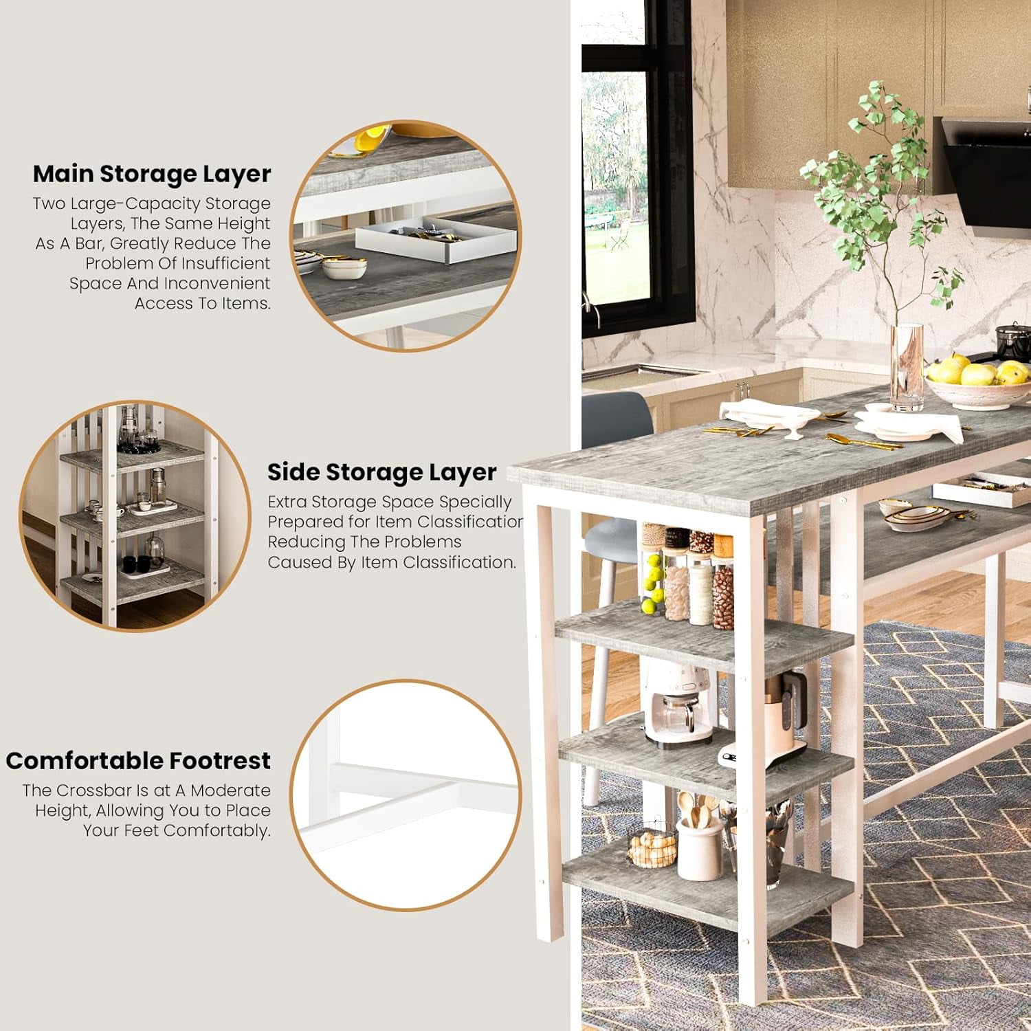 LinkRomat Bar Table and Chairs Set for 2, Marble Kitchen Island Table with 2 PU Bar Stools, Tall Kitchen Table and Chairs with Storage for Small Spaces, Home & Apartment, Gray