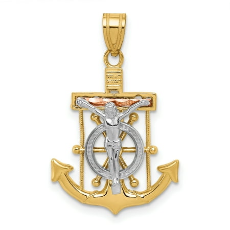 14k Nautical Charm 14k Tri Color Yellow White Gold Textured Nautical Anchor Ship Wheel Mariners Cross Religious Pendant Charm Necklace Crucifix Mariner ()