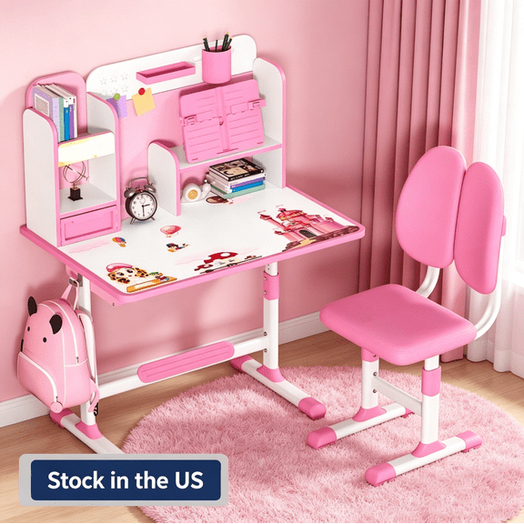 Sioweci Kids Study Desk with Chair - Height Adjustable Children Table and Chair Set, Kids Homework Desk for Bedroom, Ergonomic School Writing Tables with Large Writing Board, Ideal Gifts for 3-12