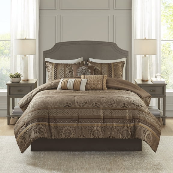 Madison Park King Size 7 Piece Jacquard Comforter Set Brown,Bed in a Bag,All Season Bed Set,Cozy and Lightweight