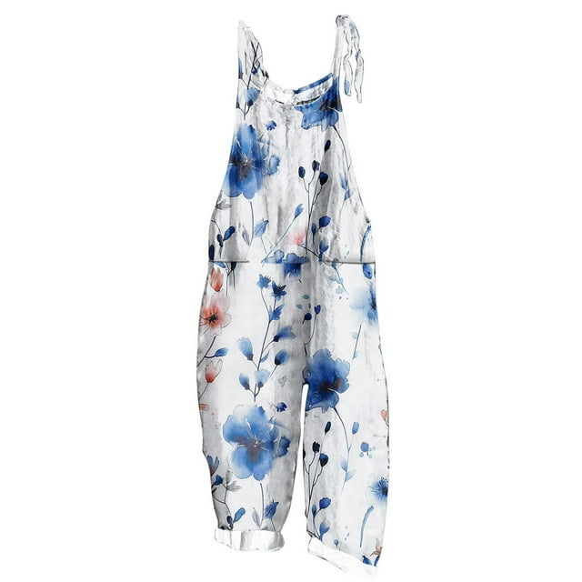 yoeyez Rompers for Women Plus Size,Womens Summer Printed Plus Size Romper Sleeveless Adjustable Straps Backless Jumpsuits With Pockets Blue,3XL