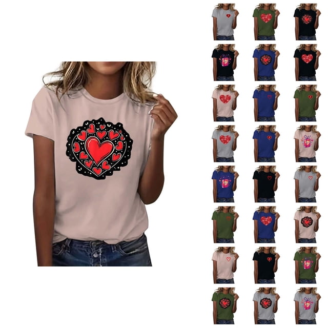 T-shirt Femme Saint-Valentin 2026 Manches Courtes Col Rond Graphique Cœur d'Amour