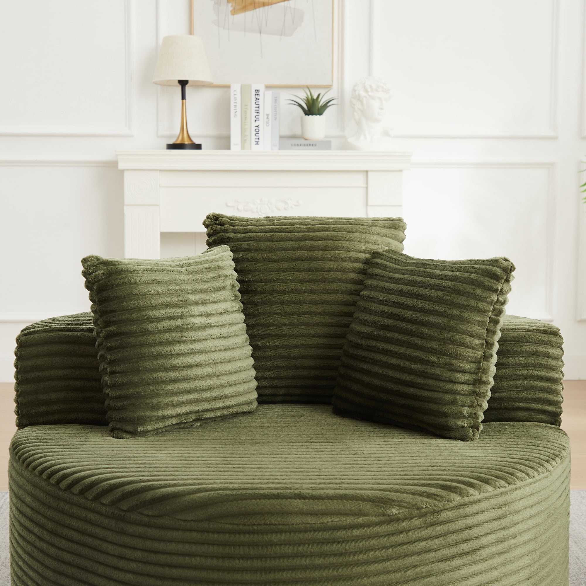 Leumius Corduroy Lounge Chair,Deep Seat Single Sofa with Pillow, Round Chaise Longue Chair for Living Room,No Assembly Required,Green
