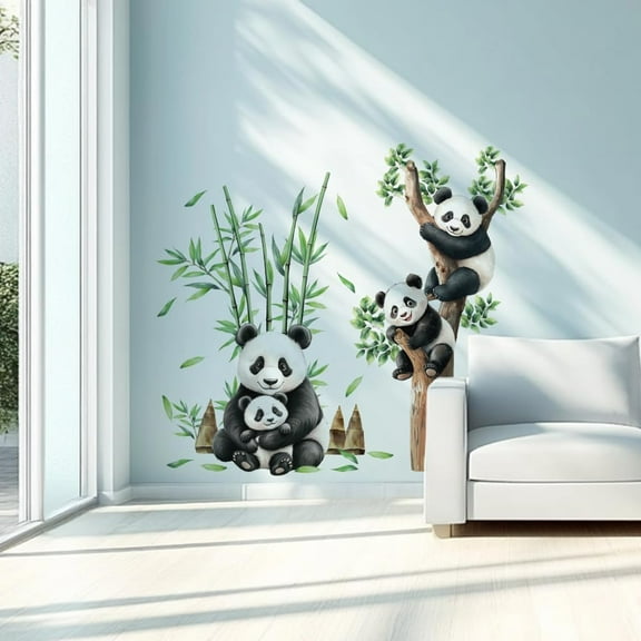 2 Sheets Cartoon Panda Wall Stickers 2 Styles Bamboo Animal Decor Stickers Removable Peel and Stick Wall Stickers for Nursery Playroom Room Bedroom Classroom 118x39cm