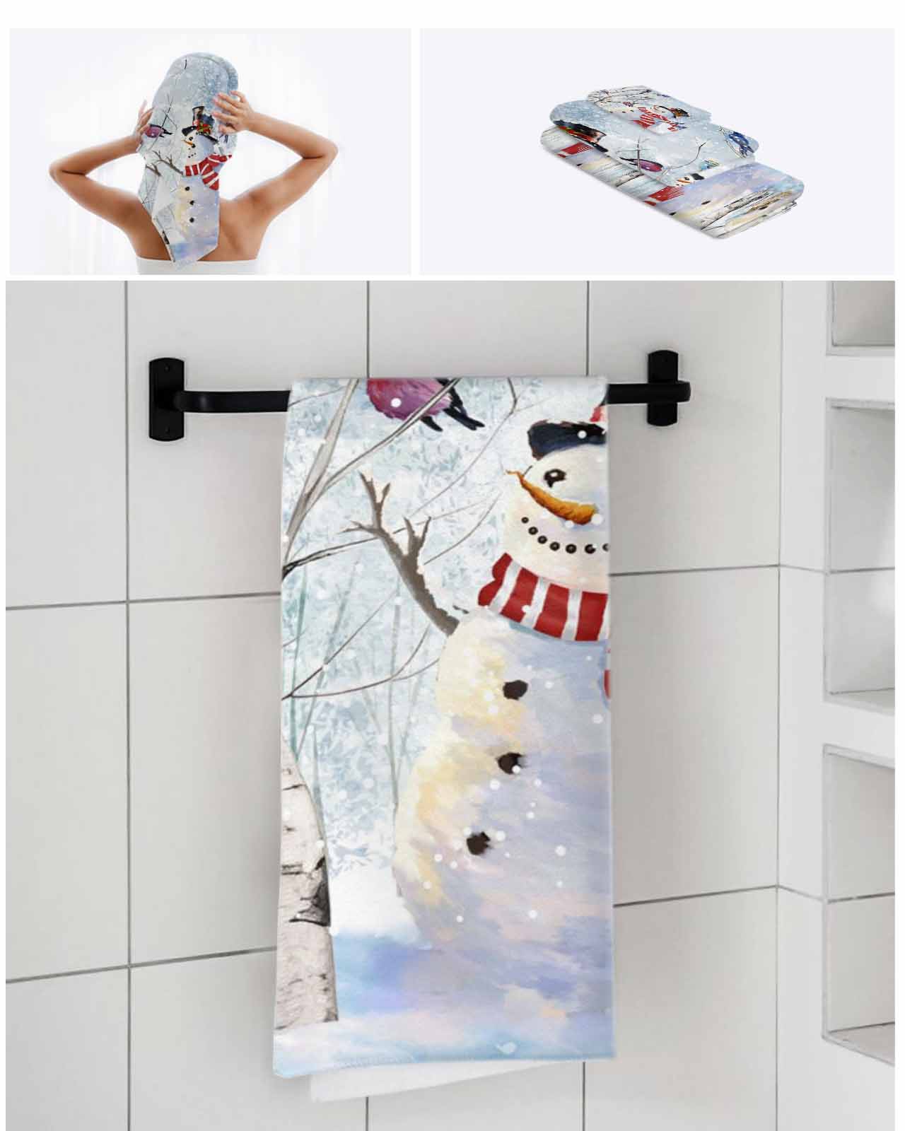 Red Blue Christmas Bath Towels for Bathroom Set,Luxury Microfiber Towels Gifts for Women,Quick Dry Beach Hand Hair Face Towel and Dish Washcloth,Snowman Xmas Snowflake Winter Birds Towels+Set