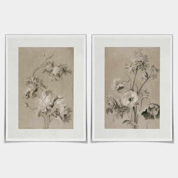 Set of 2 Vintage Black and Tan Art with Muted Neutral Flower Canvas Wall Art Print Botanical Floral Decor Painting for Living Room, Office, Kitchen - 12x16in Unframed