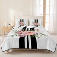 thumbnail image 3 of Full Quilt Set 78''x90'', Pink Flowers Lightweight Summer Bedspread Coverlet Set with 2 Pillow Shams, Romantic Floral Leaves Black Striped Breathable All Season Quilt Bedding for Bedroom/Guest Room, 3 of 9