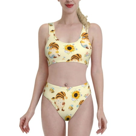 Bixox Watercolor Bee Honey Pattern Two-Piece Sports Bikini with U-Shaped Top and High-Waist Bottom - Women s Swimwear with Removable Bra Pads
