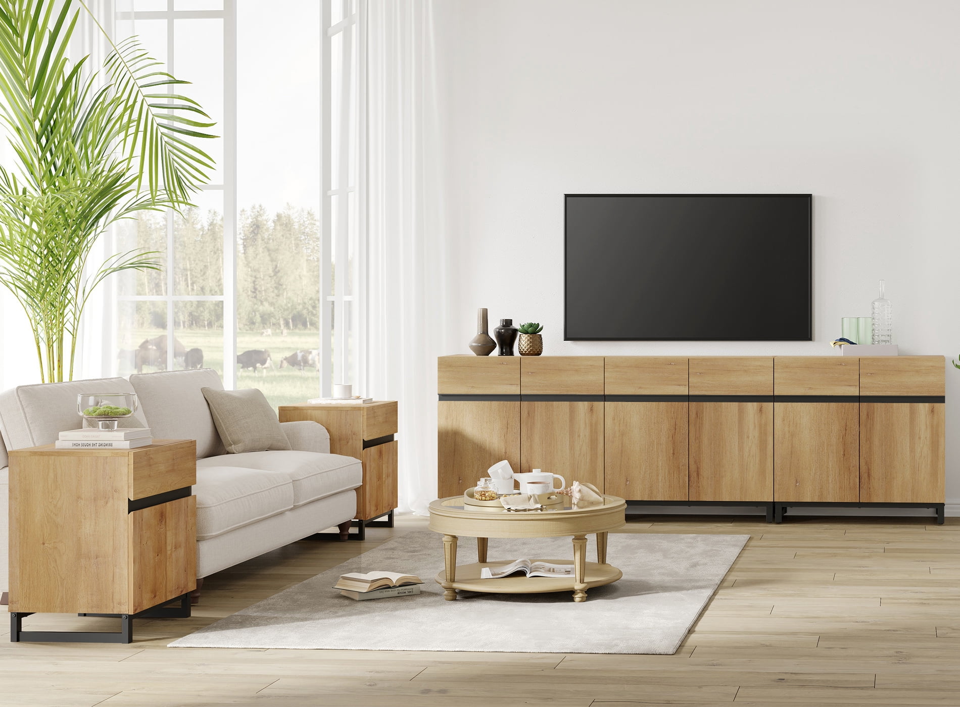 Modern 3-Piece Living Room Set – 94.5" TV Stand + 2 End Tables with Drawers, Entertainment Center with Storage Cabinet for Living Room,Oak