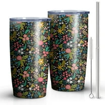 Colored Flowers Black 20oz Tumbler Stainless Steel Double Wall Vacuum Insulated Coffee Mug Travel Cups for Wife Mom Daughter Sister Friend Coworker, Metal Straws and Brush