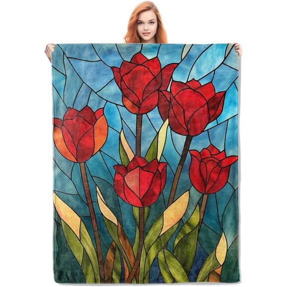 Stain Glass Tulips Floral Blanket Gifts for Women Girls Soft Warm Lightweight Cozy Flower Throw Blankets for Bed Living Room Sofa Travel Home Decor 50"x60"