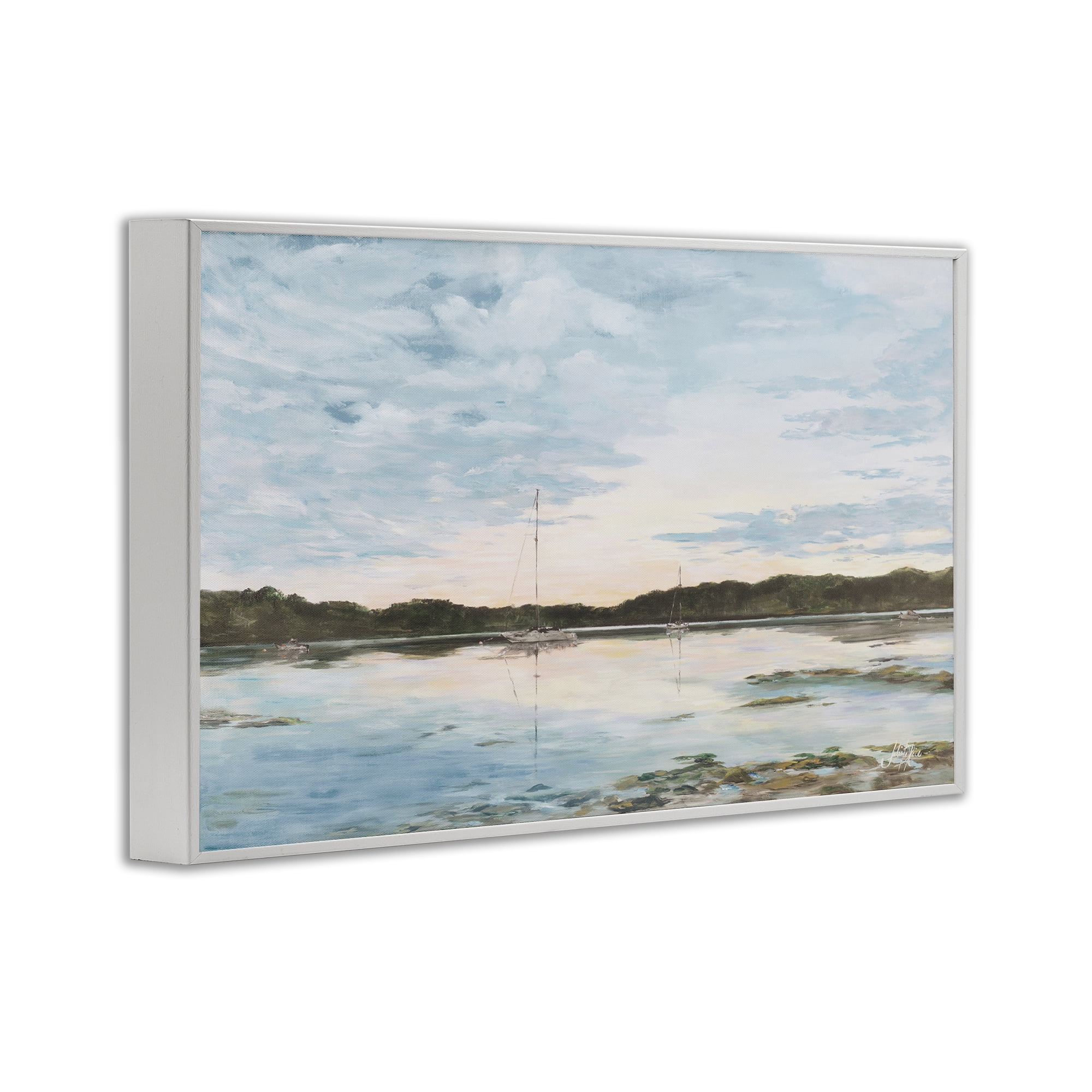 Stupell Industries Quiet Day on Lake Landscape Painting White Framed Art Print Wall Art, 30 x 20